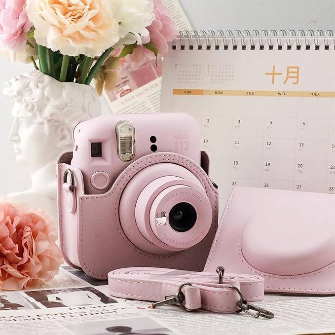 Frankmate Protective Case Compatible with Fujifilm Instax Mini 12 Instant Film Camera with Accessory Pocket and Adjustable Strap (Pink)