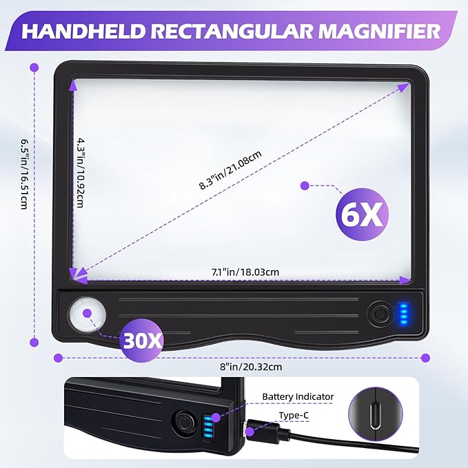 6X 30X Magnifying Glass with Light, Rechargeable Handheld Magnifying Glass for Reading, LED Lighted Lightweight Rectangular Full Page Magnifier for Reading Small Prints Seniors Low Vision (Black)