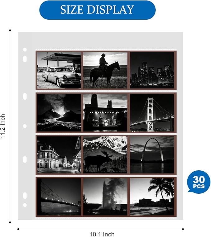 30PCS 120 Film Negative Sleeves Acid Free Archival Film Negative Storage for 120 film Can Hold 16 Pieces of 6×4.5 CM 12 Pieces of 6×6 CM Per Page Compatible with 3-Ring Binders for Organizing 120 Film