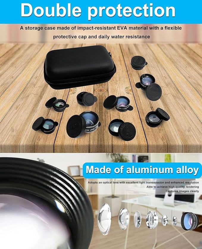 10 in 1 Phone Camera Lens Kit - Wide/Macro/Telephoto/Fisheye + CPL/Star Filters, for iPhone & Android, HD Pouch Universal Phone Lens Clip and Black Portable Bag for Most of Smartphone