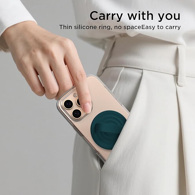 Magnetic Phone Grip Ring Holder, Liquid Silicone Magnet Cell Phone Grip Finger Loop, Compatible with Magsafe, Back of Phone for iPhone 17/16/15/14/13/12 Series, Dark Green