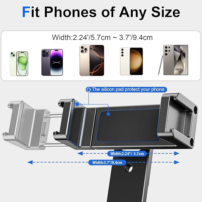 Metal Phone Tripod Mount with 3 Cold Shoe 1/4" Thread, 180° Tilt, 360° Rotation Universal Aluminum Cell Phone Stand Holder for iPhone Samsung Smartphone Clamp Adapter for Desktop Tripod Video