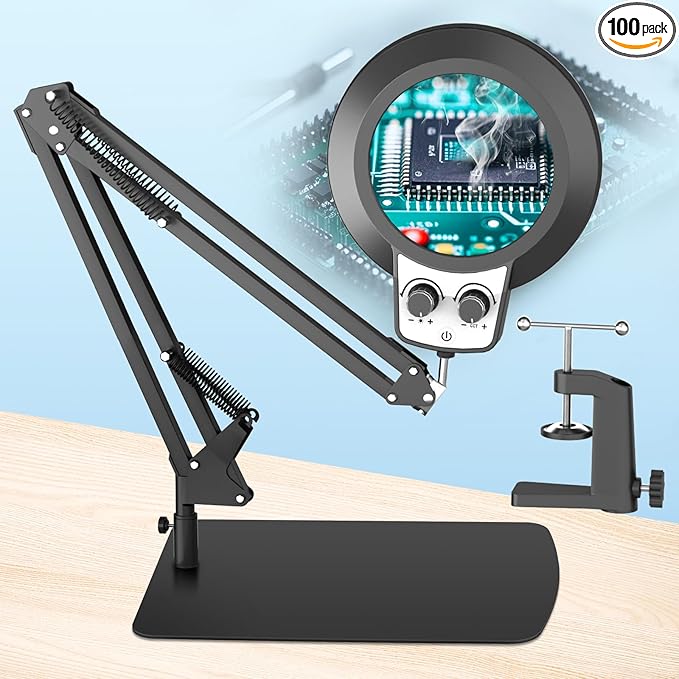 HITTI 12X Magnifying Glass with Light, 2026 New Upgrade Infinite Color and Stepless Dimming Desk Large Lamp & Clamp, 2-in-1 LED Hands Free Lighted Magnifier Stand for Crafting Hobby Soldering Reading