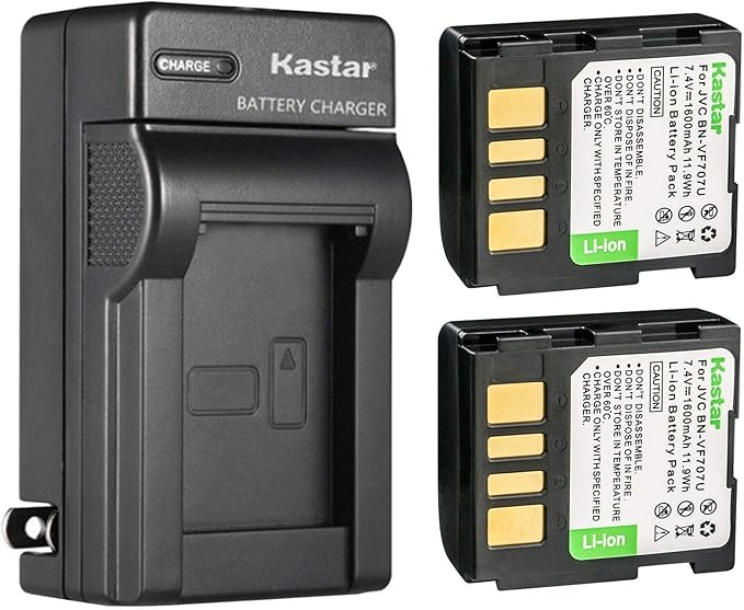Kastar 2-Pack BN-VF707U Battery and AC Wall Charger Replacement for JVC BN-VF707U BN-VF707UE BN-VF707US BN-VF714U BN-VF714UE BN-VF714US BN-VF733U BN-VF733UE BN-VF733US Battery, AA-VF7 AA-VF7U Charger