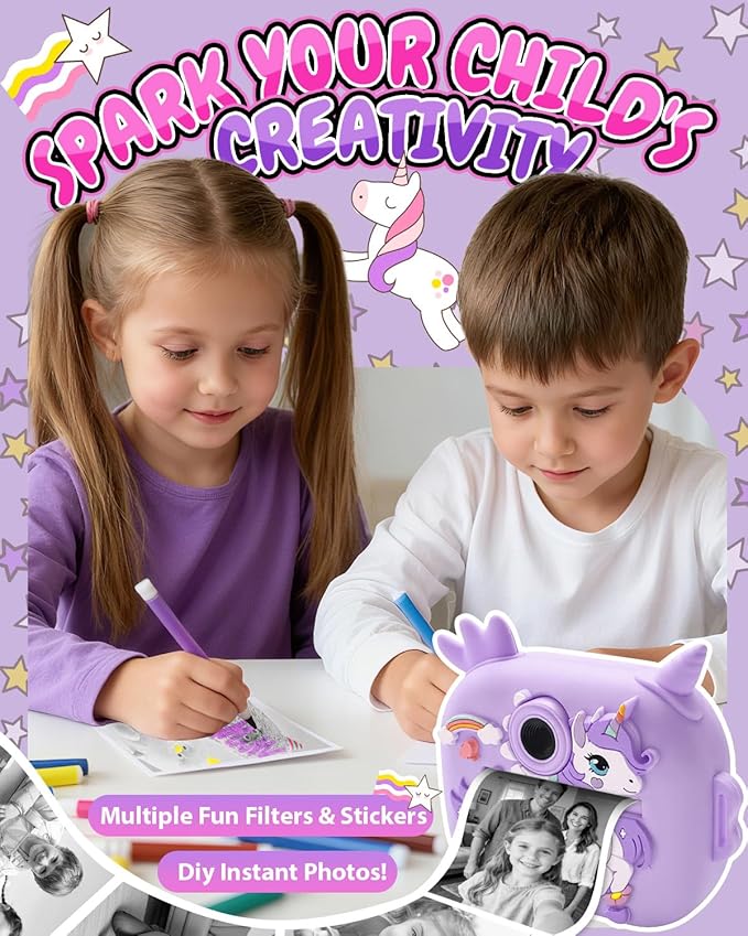 Kids Camera Instant Print, 1080P Kids Instant Cameras with Photo Printing and Fun Learning, Christmas Stuffers Birthday Gifts for Girls Age 3-12, Portable Toy for 3 4 5 6 7 8 9 10 Girls Boys, Purple