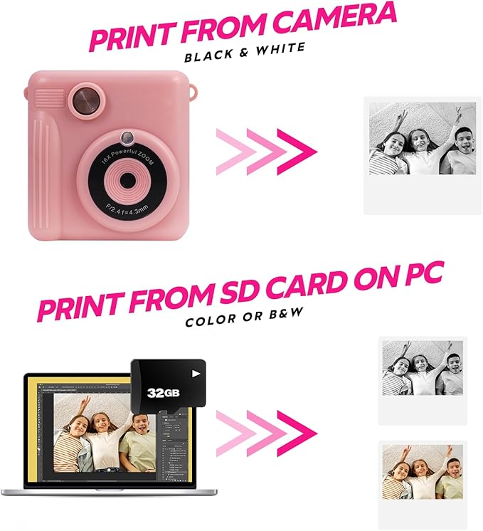 Magnavox MCC9063 Kids Camera with Low Cost Instant Print in Black & White, Print in Color from PC, Record 1080p Video, 32GB SD Card Incl., 2in LCD Display, Built-in Games, 3 Rolls of Paper Included