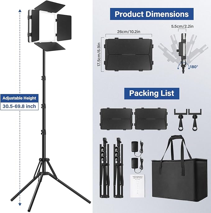 2 Pack Led Video Light Kit with Stand, Kmasic Photography Light Panel Built-in 8000mAh & LCD Display, 2200Lux 2500K-8500K Soft Studio Light for Video Recording Game Live Streaming YouTube TikTok