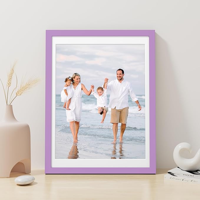 Vittanly 12x16 Picture Frame, Made of Solid Wood and Shatterproof Plexiglass, Display Pictures 11x14 with Mat or 12x16 without Mat, Wooden Photo Frame for Wall Mounting, Purple, 1 Pack