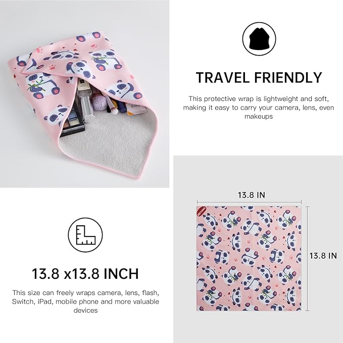 13.8x13.8 Inch Camera Protective Wrap, Lens Protector Wrapper, Pink Panda Pattern Magic Self-Adhesive Cloth for Camera/Lens/Phone/DSLR/Laptop/Accessories, Anti Scratch Equipment Wrap Storage Pouch