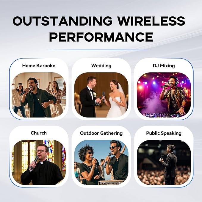 Wireless Professional Microphone System, Cordless Handheld Dynamic Mic, Dual UHF 200-Channel, Metal Microphones 328ft Long Range for Karaoke, Church, DJ, Wedding, Singing