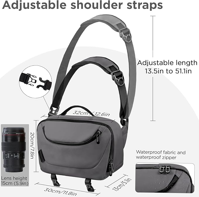TAAOKA Camera Sling Bag,Travel Waterproof Camera Case with Tripod Holder,DSLR/SLR/Mirrorless Small Camera Bags Crossbody for photographers (Grey)