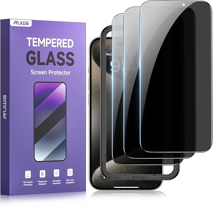 ruwa Privacy Screen Protector for iPhone 15 Plus/16 Plus [6.7 Inch][3-Pack] Anti-peep Tempered Glass Film with Easy Installation Alignment Frame, 9H Hardness, Scratch Resistant, Case Friendly