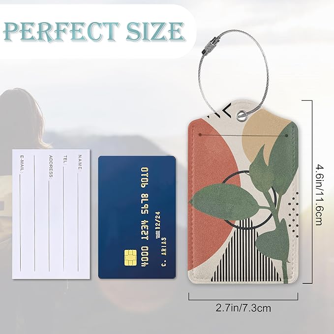Boho Luggage Tag,Tropical Green Leaves Luggage Tags of Set 2 Leather Identifiers Privacy Cover with Stainless Steel Loop for Women Men Travel Bag Suitcase