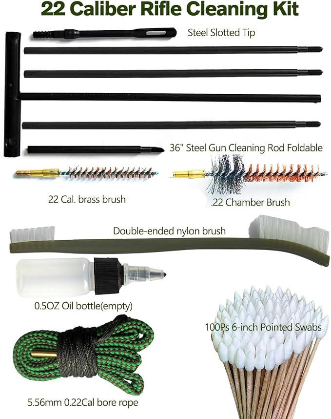 Universal Rifle Cleaning Kit, CLP,Brushes,Snakes,Tools for 5.56mm, 20-25 Caliber Rifles/Shotguns, Include 100 6-inch Gun Cleaning Swabs