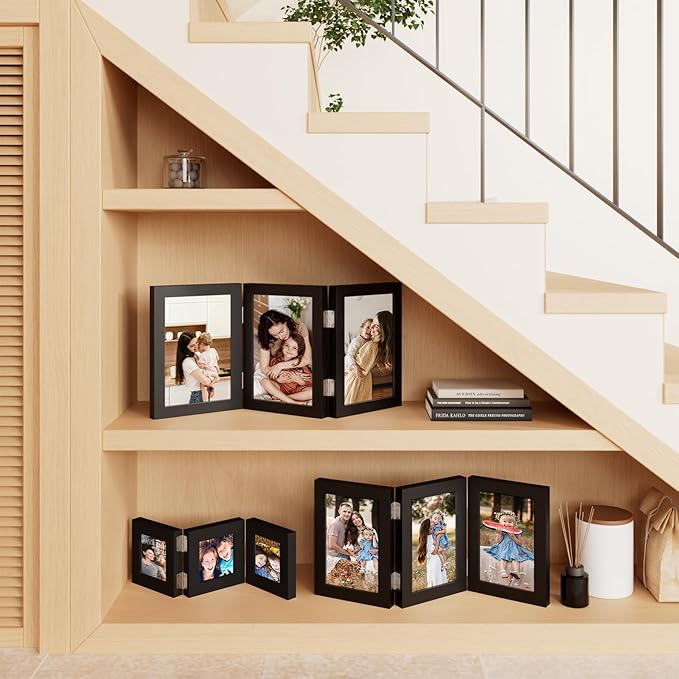 decorUhome Triple 7x5 Picture Frame Horizontal, Engineered Wood Trifold Photo Frame with Plexiglass for Tabletop Display, 7x5, Black
