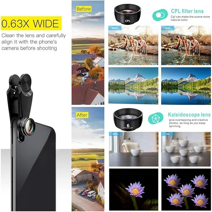 3-in-1 Phone Camera Lens Kit – 210° Fisheye Lens, 120° Wide Angle Lens, 20X Macro Lens for iPhone, Samsung & Android Smartphones – HD Optical Glass, Universal Clip, Portable Case (Black) (3 in 1)