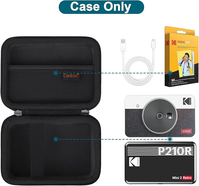 Canboc Carrying Case for KODAK Mini 2 Retro 4PASS Portable Photo Printer/KODAK Mini Shot 2 Retro 4PASS 2-in-1 Instant Digital Camera, Mesh Bag fits Photo Paper and Cable, Black