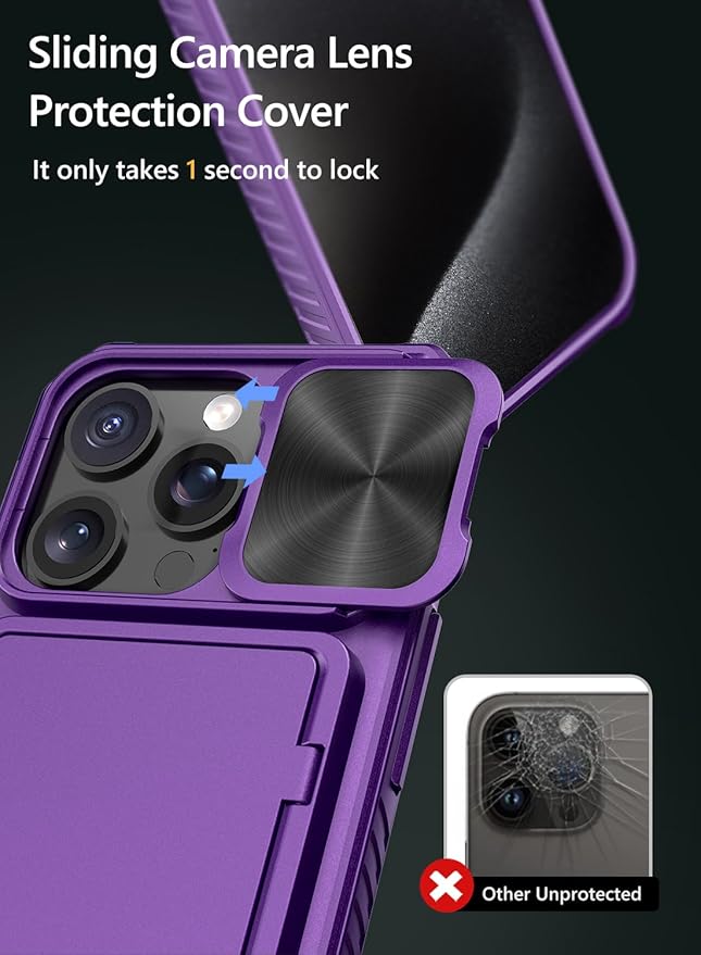 Vihibii for iPhone 15 Pro Wallet Case with Card Holder (4 Cards) & Slide Camera Cover & Kickstand & Raised Edges Protection, Shockproof Rugged Phone Cover for iPhone 15 Pro 5G 6.1" 2023, Dark Purple