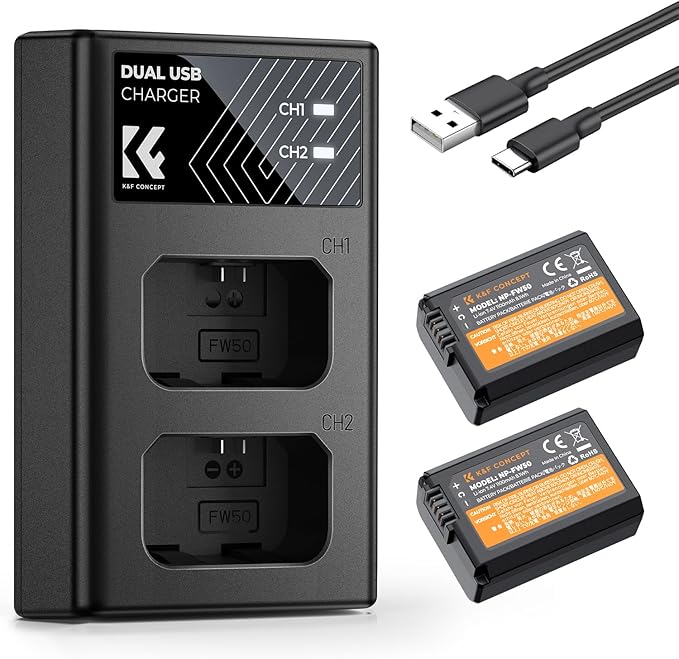 K&F CONCEPT NP-FW50 Battery and Dual Slot Charger for Sony ZV-E10 A6500 A6400 A6300 A6000 A7 A7II A7RII A7SII A7S A7R A7R2 NEX-3 NEX-5 Cameras