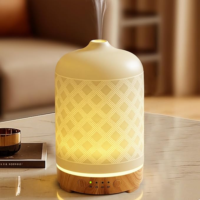 Essential Oil Diffuser 200ml-Ultrasonic Aroma Diffuser with 4 Timers, Aromatherapy Diffuser 7 Color LED Lights with Auto Shut-Off Protection for Home Office Yoga Gift (Ceramic White)