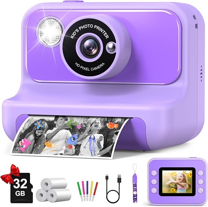 Kids Camera Instant Print, Christmas Birthday Gifts for Girls and Boys, 1080P HD Video Digital Kids Camera with 32G Card, Toddler Camera for 3-12 Years Old, Purple