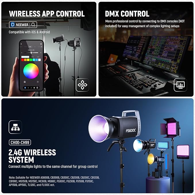 NEEWER Pro 600W RGB LED Video Light APP/2.4G/DMX Control, 2500-7500K 52500lx/1m COB Continuous Output Lighting, CRI95+/TLCI97+ Spotlight with Bag for Studio Photography Recording Streaming, FS600C