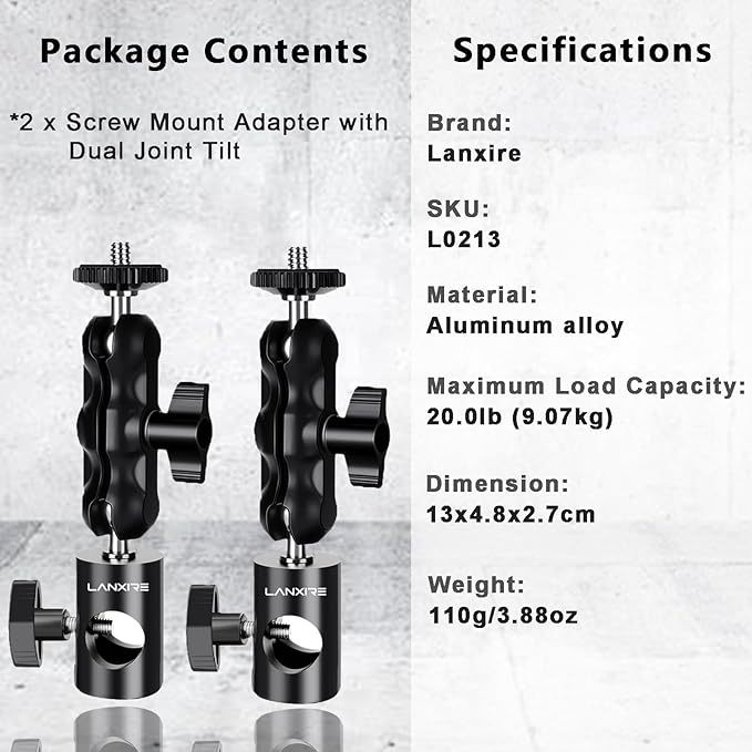 Lanxire 1/4" Screw Mount Adapter (2 Pack) with Dual Joint Tilt for C Stand Boom Arm, Mount Converter with Double Ball Head, for Flash Bracket Photography Light Stand Overhead Camera Mount, 0213