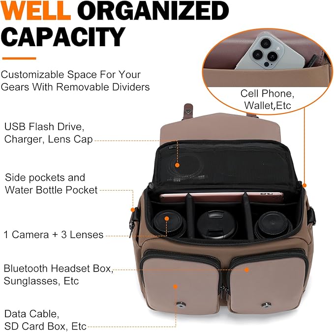 Cwatcun Camera Bag, Waterproof Flap Camera Crossbody Shoulder Messenger Case with Tripod Holder, Travel Photography Bag for Canon, Nikon, Sony, Fuji DSLR/SLR/Mirrorless Camera, Lens （Brown）, L