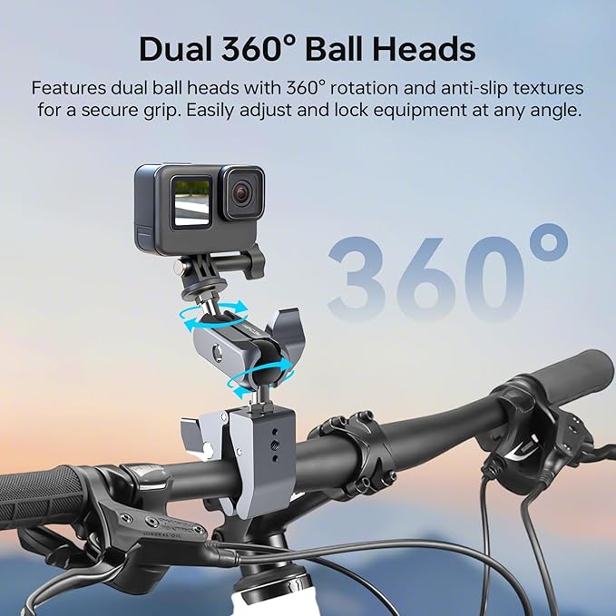 Super Clamp Camera Mount, Aluminum Double Ball Head Magic Arm for Insta360 X5 GoPro DJI OSMO 360 DSLR Monitor, 360° Handlebar Pole Desk Mount, 13lb Load QX010