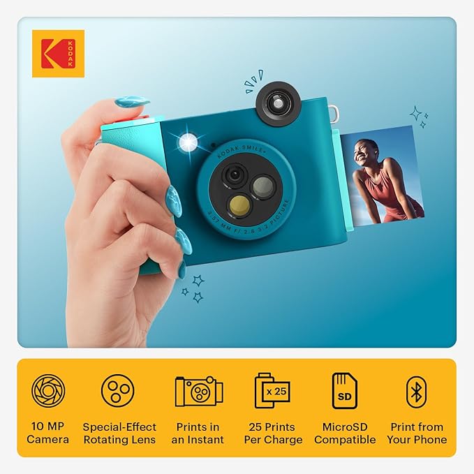 Kodak Smile+ 2-in-1 Digital Instant Print Camera & Wireless Bluetooth Photo Printer - 10MP, Special-Effect Rotating Lens, Zink 2x3” Sticky-Back Photos, Print via Fun App from Smart Devices - Blue