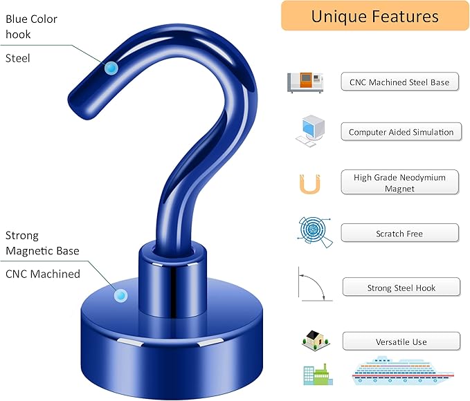 Neosmuk Magnetic Hooks, Cruise Ship Essentials, 30lb+ Heavy Duty Magnetic Hooks for Cruise Cabins, Refrigerator, Grill, Hanging, and Travel | Extra Strong Must-Haves Magnet Hook,Navyblue,5 Pack