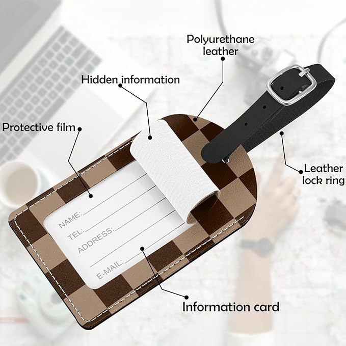 2 Pack Luggage Tag Suitcase Tags PU Leather Identifiers Privacy Cover Luggage Tags Aesthetic Cute Travel Bag Labels for Women Girls Men-Brown Checkered