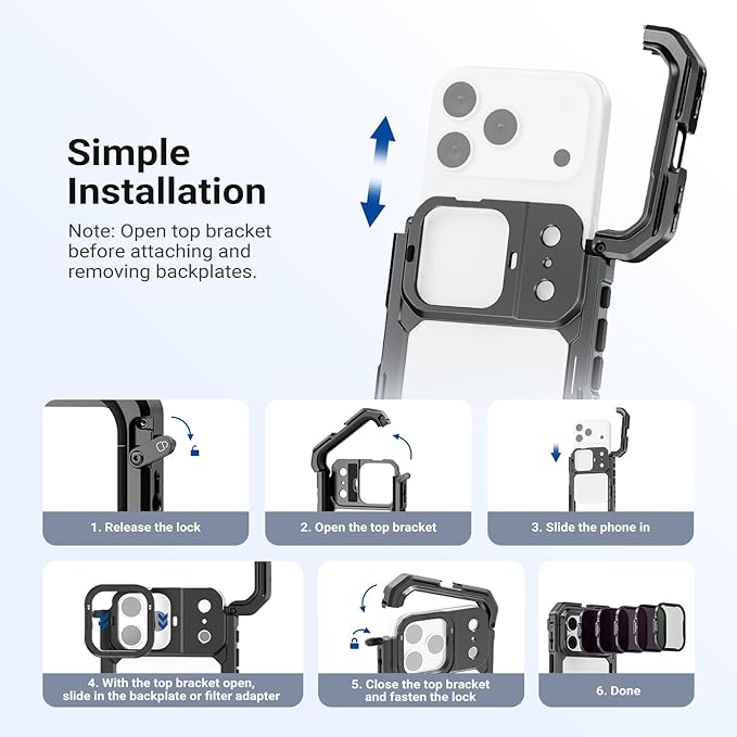 NEEWER PA144 Phone Cage Compatible with iPhone 17 Pro Max + ND & Black Diffusion1/4 Filter Set for PA143/PA144 Phone Cage Only, Quick Release Video Rig Stabilizer Accessories, Black
