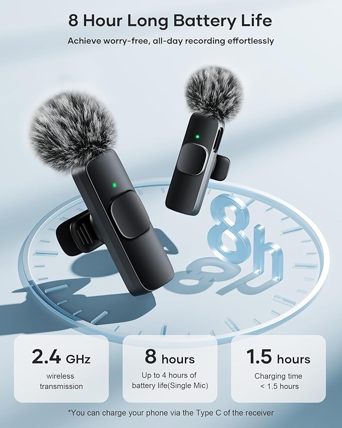 Wireless Lavalier Microphone for iPhone iPad and Android Phone, 2 Pack Lapel Mic Plug and Play Wireless Mic Noise Reduction Microphone for Video Recording Interview Podcast (Black)