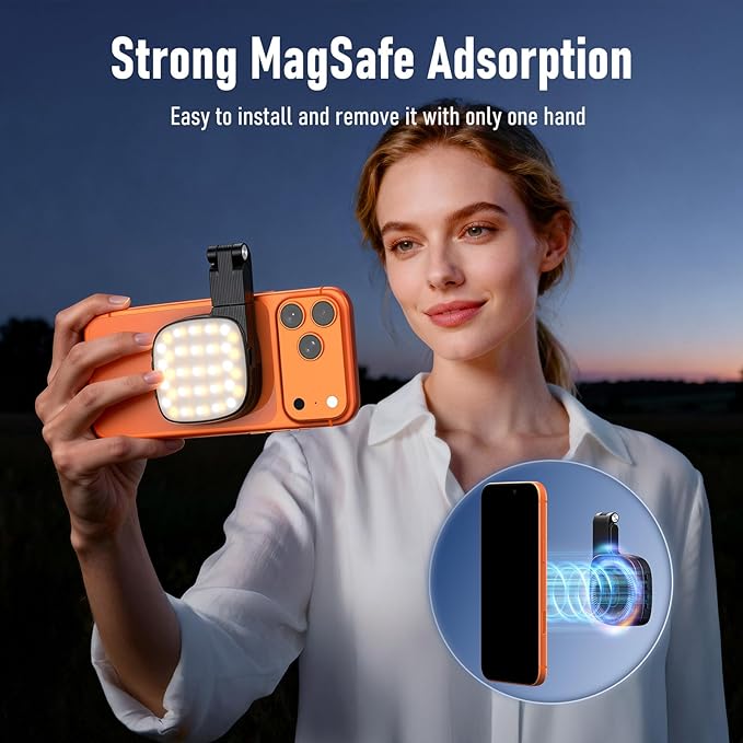 Magnetic Selfie Light with Mirror, 360° Adjustment, Portable Mini LED Phone Fill Lighting, Phone Mirror with Lights for Selfie, Makeup, Video Conference, TikTok (Black)