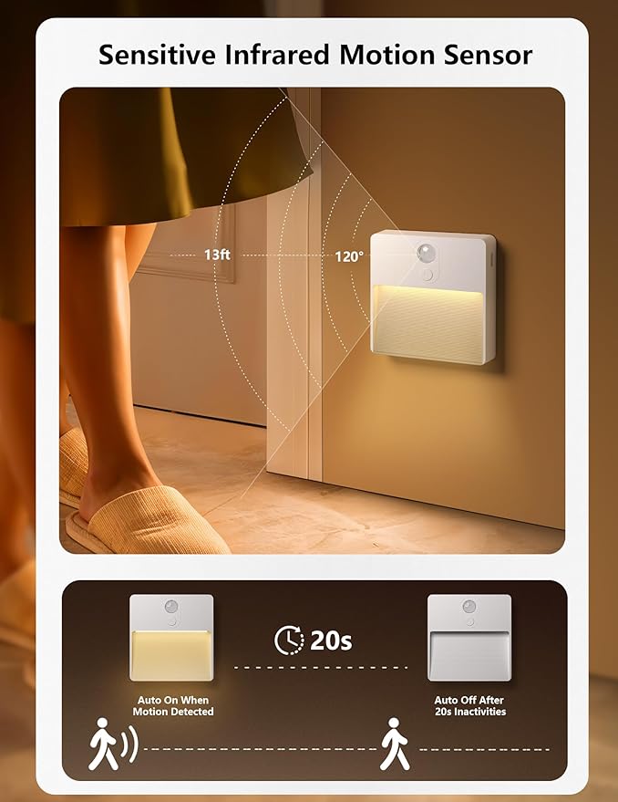 Motion Sensor Night Light Indoor, Rechargeable Battery Operated Lights with RGB Lights, Magnetic Stick On Light for Closet Toilet Bathroom Under Cabinet Hallway Stair Bedroom Kitchen, 2 Packs