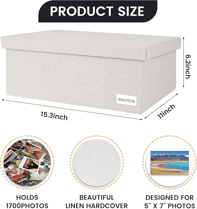 Himake Decorative Photo Storage Box - Linen Photo Box Organizers with Dividers, Fits Holds Up to 1700 Photos in 5x7 inch Size, Portable Scrapbook Storage Containers with Lid (Beige)
