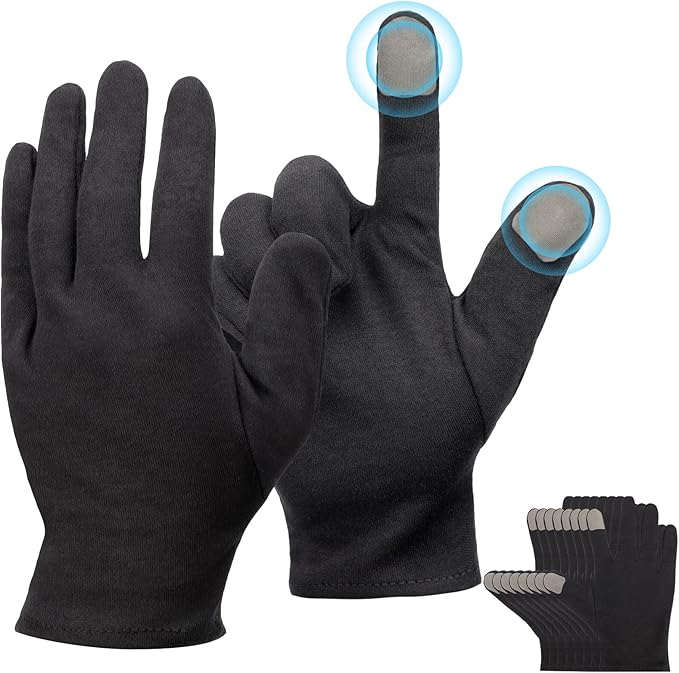 ENPOINT 5 Pairs Small Black Cotton Gloves for Dry Hands Sleeping, Black Work Gloves for Coin Handling, Jewelry, Photography for Men and Women, with 20 Touchscreen Stickers