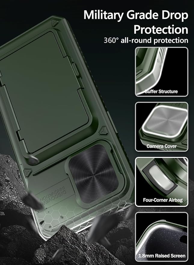 Vihibii for iPhone 15 Pro Max Case with Card Holder (4 Cards) & Slide Camera Cover & Kickstand, Military Grade Drop Protection, Rugged Hard Back & Silicone Edge Wallet Phone Case, 6.7" 2023, Green
