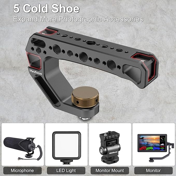 Camera Top Handle with 3/8"-16 Locating Pins for ARRI Grip for Camera Cage, Universal Top Handgrip with 5 Cold Shoe Adapters, Ergonomic Design, 1/4" and 3/8" Threads with Microphone/LED Light/Monitor