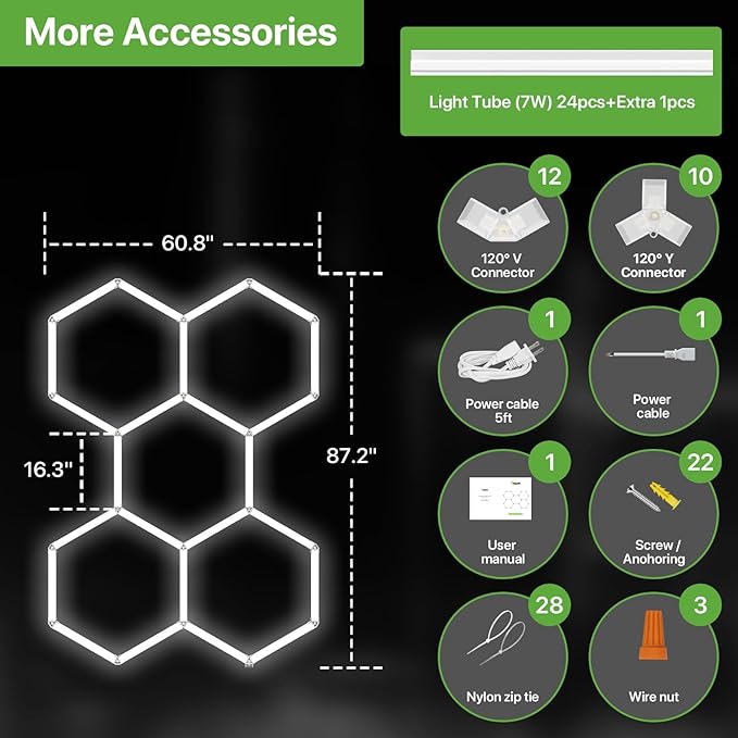 Glitgate Hexagon LED Garage Light, 168W 18480LM 5-Grid Honeycomb Hex Lighting System, 6500K Ultra Bright Ceiling Light for Garage, Car Detailing Shop, Workshop, Basement, Gym