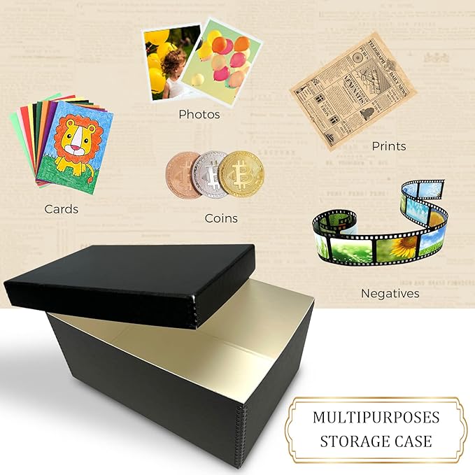 Golden State Art, Archival Photos Storage Boxes, 5x7x12 Acid-Free Preservation Box, Holds Up to 1100 of 5x7 Pictures, 4x6 Photo Container for Storing Artwork Pictures Prints Negatives Films (Black)
