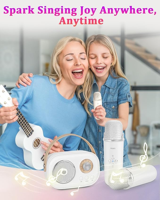 PRUNUS C20 Mini Karaoke Machine,Valentines Day Gifts for Her Him Kids Mens,Portable Bluetooth Speaker with 2 Wireless Microphone for Boys Girls 3-12+ Years Old Birthday Party White