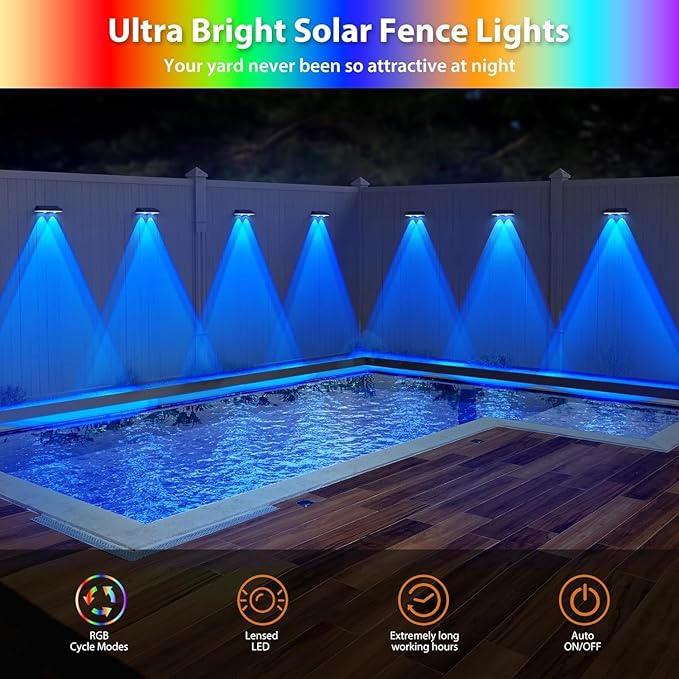 Solar Fence Lights,RGB & Warm White & 6 Colors Lens LED Dusk to Dawn Deck Light Outdoor Waterproof, Solar Outdoor Lights for Backyard/Railing/Wall/Step/Patio/Pool -Set of 20
