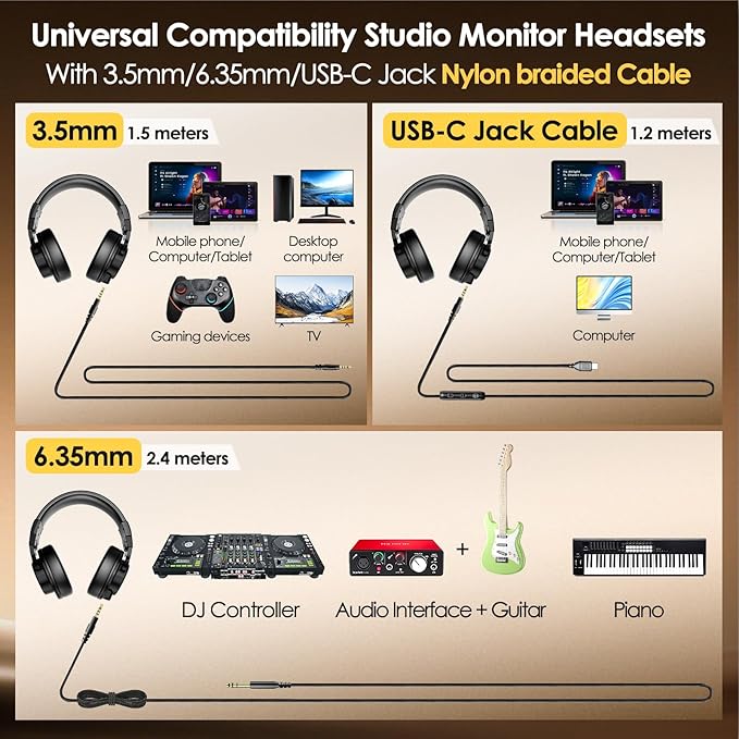 USB C Headphones Wired Over Ear with 50mm Drivers, Studio Monitor & Mixing DJ Headphones Professional with 6.35mm/3.5mm/Type-C Jack Over Ear Headsets for DJ Podcast Guitar AMP Piano Keyboard Recording