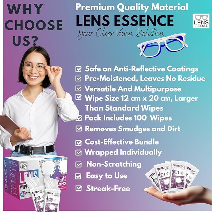 Eye Glasses Cleaner Wipes - Lens Wipes for Eyeglasses - Individually Wrapped Wipes - Multipurpose Cleaner for Cameras and Sunglasses, 100 Count + Microfiber Cleaning Cloth