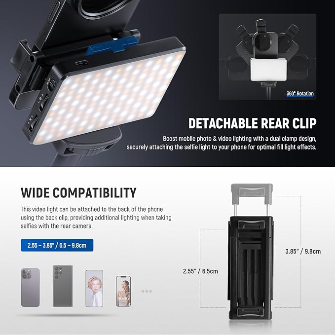NEEWRE Basics LED Selfie & Tattoo Light Compatible with iPhone, Clip on CPL Filter/Tripod Stand/Phone Holder, Fill Lighting Remove Reflection for Art Food Jewelry Photography Video Recording, BL120B