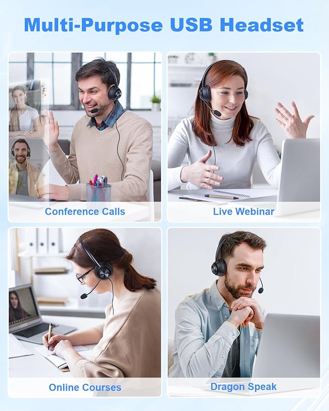 USB Headset with Microphone for PC, Computer Headset with Mic, Wired Headset with USB-A & Type-C, Mute, In-Line Controls Call Center Headphone for Work PC Laptop Office Phone Meeting Zoom Skype