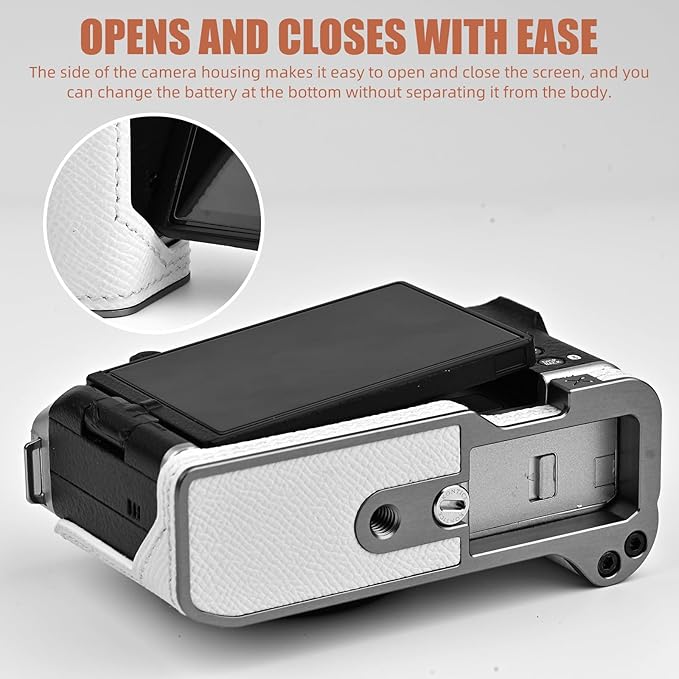 Uchandmade Handmade Genuine Leather Camera Half Case for Fujifilm X-M5/Fujifilm X-M5 Camera Case/Fujifilm X-M5 Case - Top Layer Cowhide Body + Metal Base Plate+ Hand Shank Design (White)