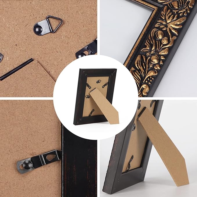 Edenseelake 4x6 Picture Frames Set of 2, Vintage Flower Relief Photo Frame 4 by 6 for Tabletop or Wall Display, Black-Gold